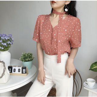Short-sleeve Dotted V-neck Blouse With Sash