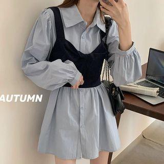 Plain Long-sleeve Shirt / Crop Camisole Top