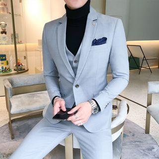 Set: Checked Single-button Blazer + Single-breasted Vest + Dress Pants