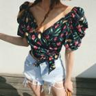 Puff-sleeve Floral Cropped Wrap Top With Sash