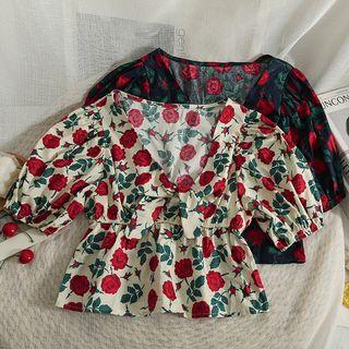 Rose-print Cropped Peplum Top