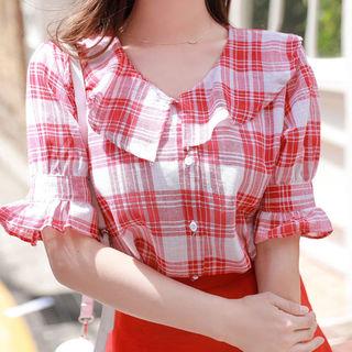 Puritan-collar Puff-sleeve Plaid Blouse