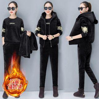 Set Of 3: Embroidered Pullover + Hooded Zip Vest + Pants