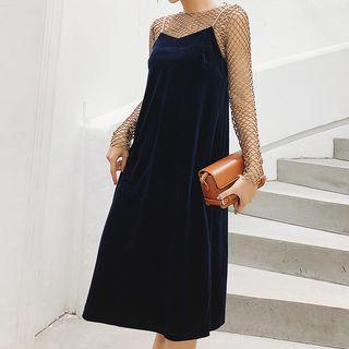 Set: Fishnet Long-sleeve Top + Spaghetti Strap Midi Velvet Dress