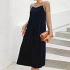 Set: Fishnet Long-sleeve Top + Spaghetti Strap Midi Velvet Dress