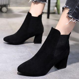 Faux Suede Elastic Panel Block Heel Booties