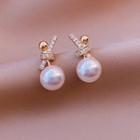 Knot Rhinestone Faux Pearl Earring 1 Pair - Stud Earring - Silver Needle - Gold - One Size