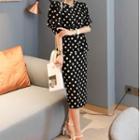 Set: Dotted Puff-sleeve Blouse + Midi Pencil Skirt