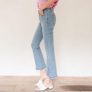 Fringed Slit Distressed Boot-cut Jeans