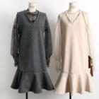 Set: Bubble-sleeved Lace Top + Sleevless Mermaid Wool Dress + Camisole