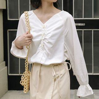 Bell-sleeve V-neck Blouse Off-white  - One Size