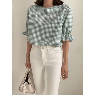 Beribboned Puff-sleeve Gingham Top