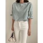 Beribboned Puff-sleeve Gingham Top