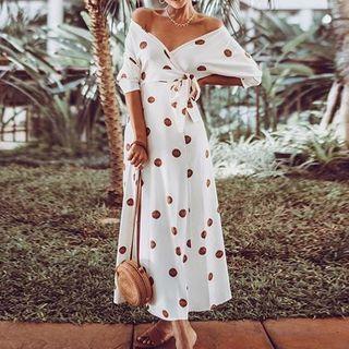 Off-shoulder Elbow-sleeve Dotted Midi A-line Dress