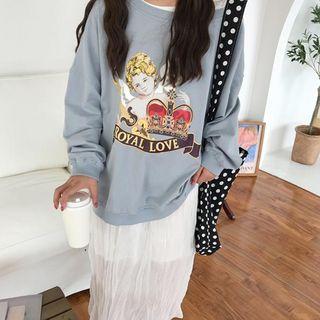Mock Two-piece Printed Sweatshirt / Sheer Midi Skirt