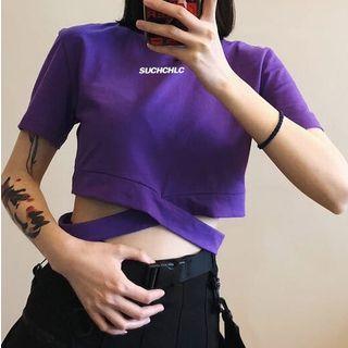 Lettering Cross Strap Short-sleeve Crop Top