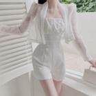 Strapless Shirred Romper / Faux Pearl Blazer
