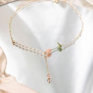 Tulip Faux Pearl Faux Crystal Necklace Gold - One Size