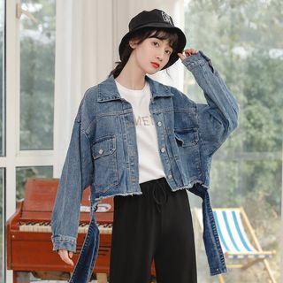 Frayed Tie-accent Denim Jacket