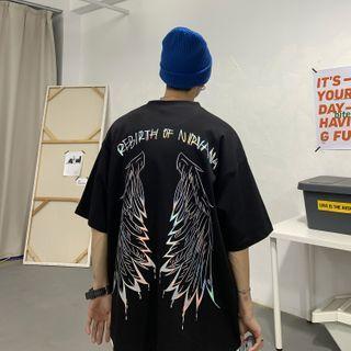 Couple Matching Reactive Wing Printed Short-sleeve T-shirt
