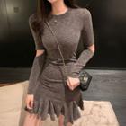 Long-sleeve Cutout Ruffled Slim Fit Dress Gray - One Size