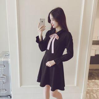 Set: Long-sleeve A-line Dress + Long Vest