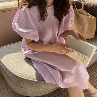 Round Neck Puff-sleeve Loose-fit Dress Light Purple - One Size