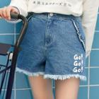 Lettering Fray Hem Denim Shorts