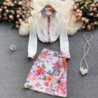 Set Of 2 : Lapel Cutout Long-sleeve Top + Flower Print A-line Skirt