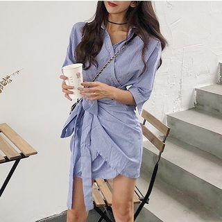 Striped Mini Wrap Shirtdress Stripe - Blue - One Size