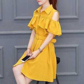 Frilled Open Shoulder Short-sleeve Shirtdress