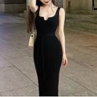 Sleeveless Tie-side Velvet Midi Bodycon Dress