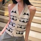 Halter Collared Button-up Knit Tank Top White - One Size