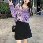 Long-sleeve Tie-dye T-shirt / Mini Pencil Skirt / Straight Leg Pants