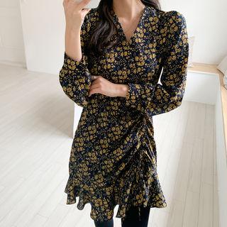 Floral Print Shirred-front Dress