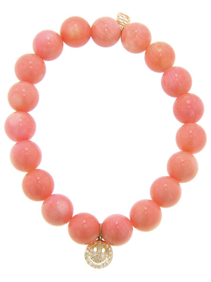 Sydney Evan Pave Diamond Smiley Face In Yellow Gold On Peach Coral Bead Bracelet