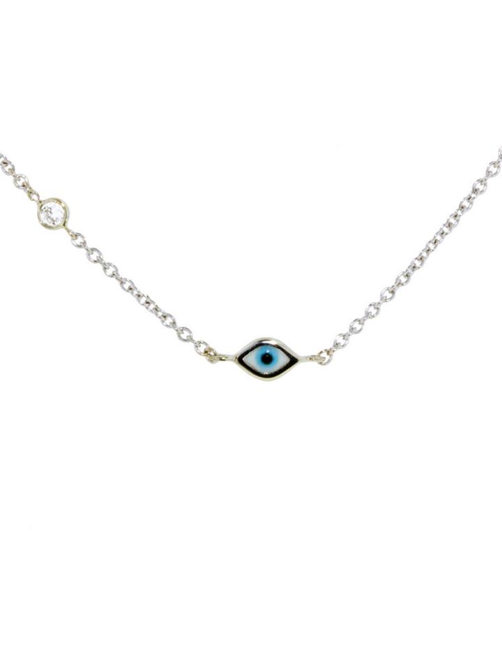 Sydney Evan Mini Enamel Evil Eye Necklace With Diamond In White Gold