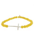 Sydney Evan Small Diamond Cross In Yellow Gold On Yellow Jade Bead Bracelet