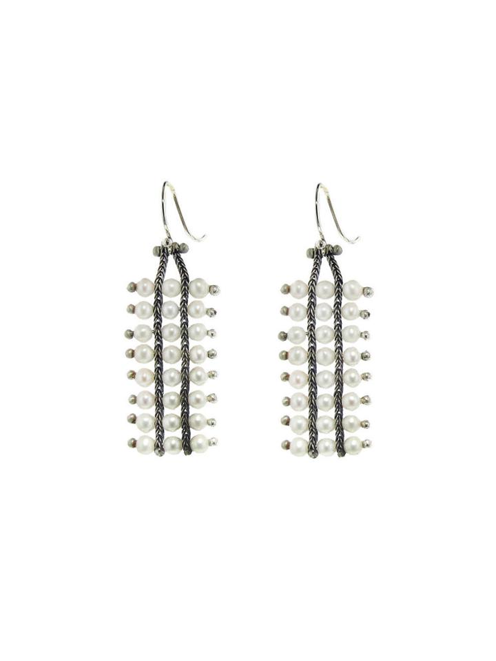 Ten Thousand Things Extra Long Studded White Pearl Square Chain Earrings