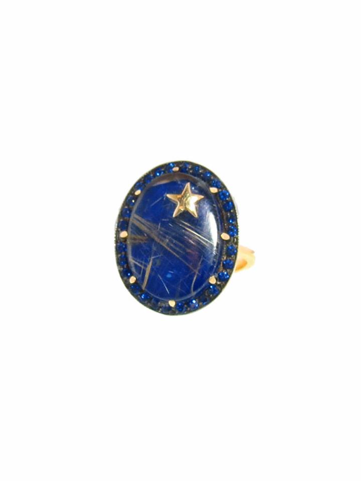 Andrea Fohrman Oval Lapis And Rutilated Quartz Star Ring With Blue Sapphires