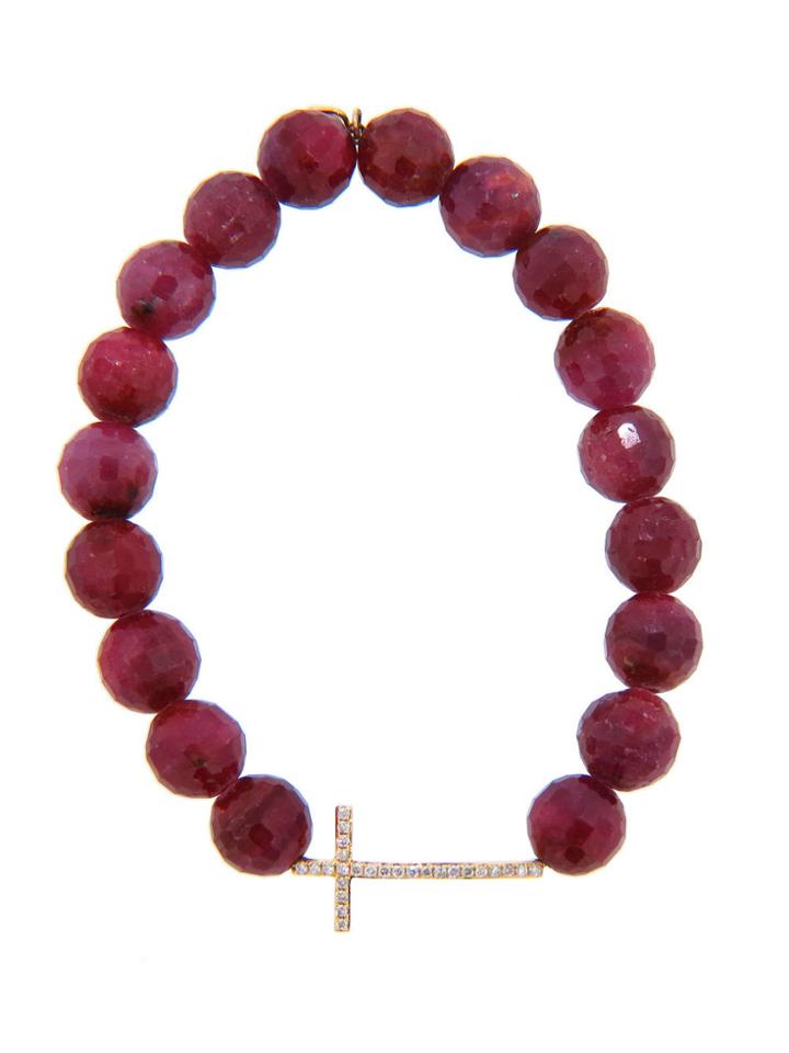 Sydney Evan Natural Ruby And Pave Diamond Cross Bracelet - Yellow Gold