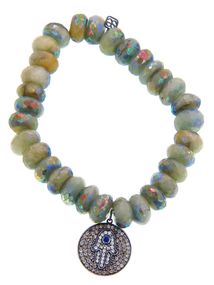 Sydney Evan Diamond Hamsa Disc On Aqua Rondelle Bead Bracelet