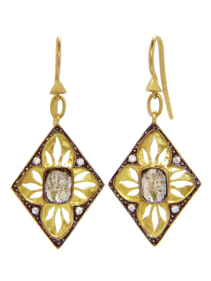 Cathy Waterman Diamond Shape Earrings With Rustic Diamonds - 22 Karat Gold