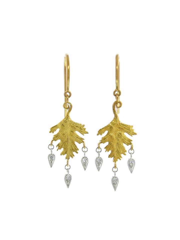Cathy Waterman Small Handmade Leaf Earrings With Dewdrops