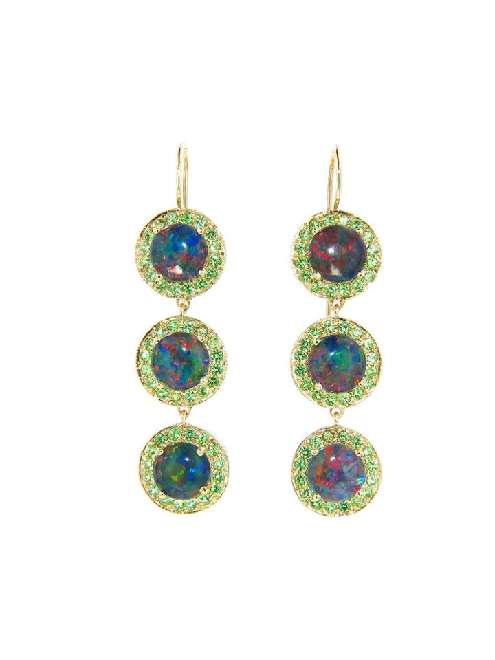 Andrea Fohrman Triple Drop Australian Opal And Tsavorite Earrings - Yellow Gold