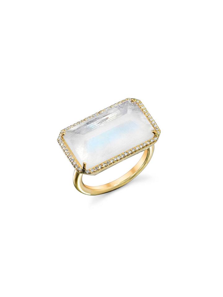 Irene Neuwirth Inverted Emerald Cut Rainbow Moonstone Ring With Diamonds - Yellow Gold