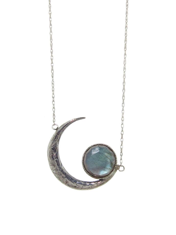 Blackbird And The Snow Engraved Moon With Labradorite Necklace