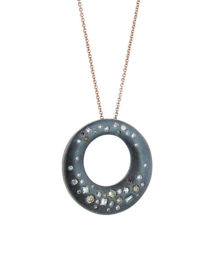 Todd Reed Large Oxidized Circle Pendant With Brown And White Diamonds