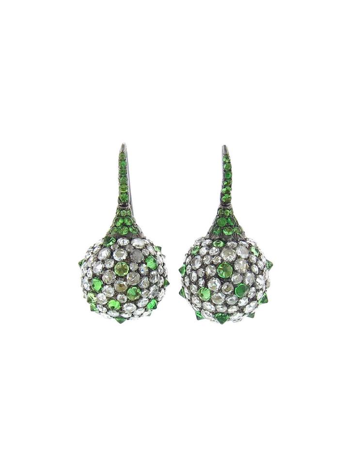 Arunashi Handmade Diamond And Tsavorite Ball Earrings
