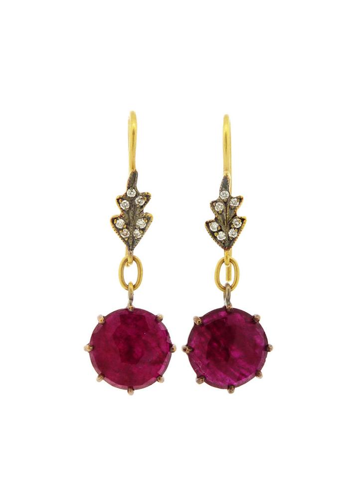 Cathy Waterman Rose Cut Ruby Leaf Top Earrings - 22 Karat Gold